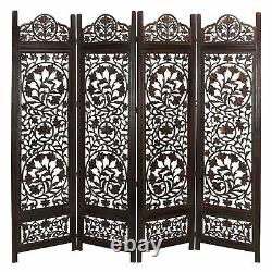 Handcrafted Wooden 4 Panel Room Divider Screen Featuring Lotus Pattern Revers