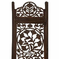 Handcrafted Wooden 4 Panel Room Divider Screen Featuring Lotus Pattern Revers