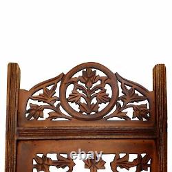 Handcrafted Wooden 4 Panel Room Divider Screen Featuring Lotus Pattern Revers