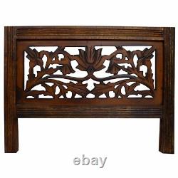 Handcrafted Wooden 4 Panel Room Divider Screen Featuring Lotus Pattern Revers