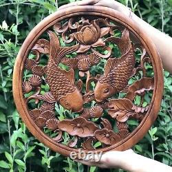 Handmade Carved Wooden Decorative Wall Art Hanging Panel Koi Fishes Good Luck