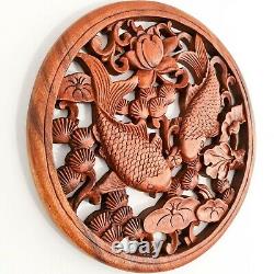 Handmade Carved Wooden Decorative Wall Art Hanging Panel Koi Fishes Good Luck