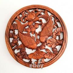 Handmade Carved Wooden Decorative Wall Art Hanging Panel Koi Fishes Good Luck