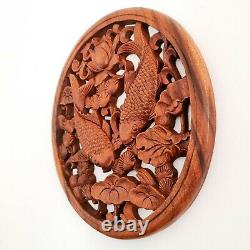 Handmade Carved Wooden Decorative Wall Art Hanging Panel Koi Fishes Good Luck