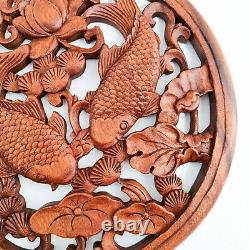 Handmade Carved Wooden Decorative Wall Art Hanging Panel Koi Fishes Good Luck