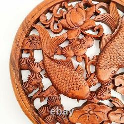 Handmade Carved Wooden Decorative Wall Art Hanging Panel Koi Fishes Good Luck