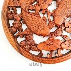 Handmade Carved Wooden Decorative Wall Art Hanging Panel Koi Fishes Good Luck