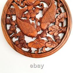 Handmade Carved Wooden Decorative Wall Art Hanging Panel Koi Fishes Good Luck
