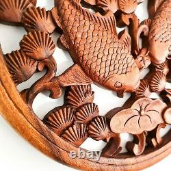 Handmade Carved Wooden Decorative Wall Art Hanging Panel Koi Fishes Good Luck