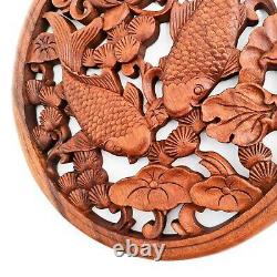 Handmade Carved Wooden Decorative Wall Art Hanging Panel Koi Fishes Good Luck