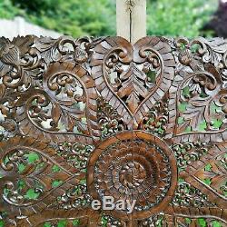 Handmade Carved Wooden Decorative Wall Art Lotus Bed Headboard Panel 35.5 Large