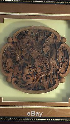 Handmade Dragon Teak Wood Carving Wall Panel Asian Carved Art Framed