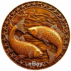Handmade Round Carved Wooden Wall Hanging Panel With Pisces Zodiac Sign Ash Wood