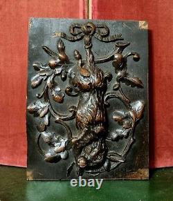 Hare hunting trophy wood carving panel Antique french architectural salvage 15