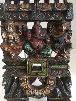 Hindu Diety Ganesh Carved Wood Hand Painted Wall Panel 18.5 x 7.5