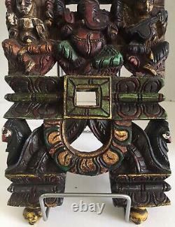 Hindu Diety Ganesh Carved Wood Hand Painted Wall Panel 18.5 x 7.5