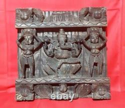 Hindu God Ganapati Ganesha Square Wooden Wall Hanging Panel Vintage Carved Decor