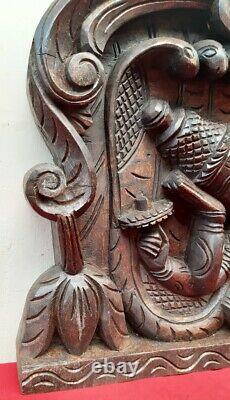 Hindu God Mahavishnu Hand Carved Wooden Vintage Wall Panel Sculpture Statue Gift