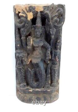 Hindu God Vishnu Incarnation Matsya Figure Statue Antique Hand Carved Wood Panel