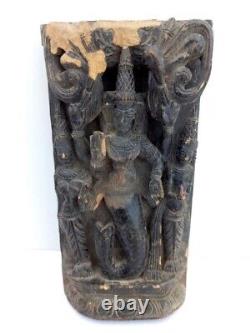 Hindu God Vishnu Incarnation Matsya Figure Statue Antique Hand Carved Wood Panel