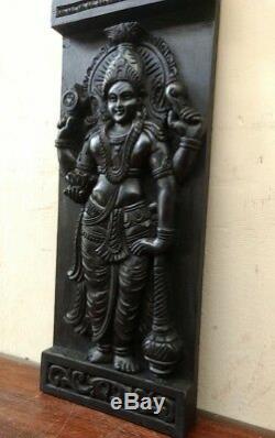 Hindu God Vishnu Wall Wooden Panel Vintage Statue Sculpture Hand Carved Murti
