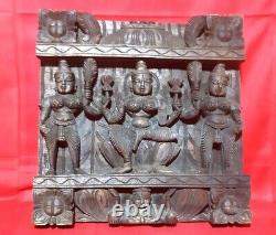 Hindu Goddess Saraswati Devi Tridevi Square Wooden Wall Hanging Panel Carved Art