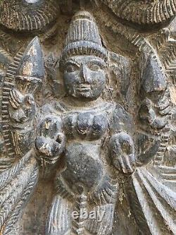 Hindu Wood Carving Goddess Lakshmi Antique Hand-Carved Wood Panel
