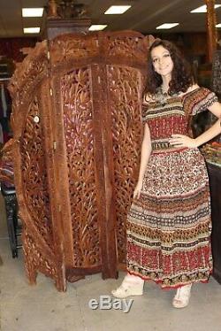 INDIA LOTUS Arched rosewood SCREEN ROOM Divider 4 Panel Vintage Carved HEADBOARD