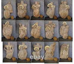 ITalian wood carved 15 stations of the cross wall panels religious church rare