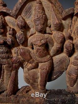 India Indian Hindu Carved Wood Devotional Panel with Three Deities ca. 15-16th c
