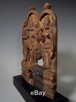 India Indian Hindu Carved Wood Devotional Panel with Three Deities ca. 15-16th c