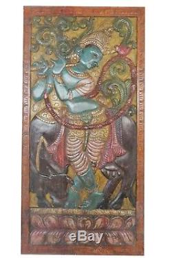Indian Carved WOOD BARNDOOR Vintage COLORFUL Fluting Krishna Wall Panel ART 72