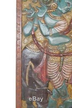Indian Carved WOOD BARNDOOR Vintage COLORFUL Fluting Krishna Wall Panel ART 72