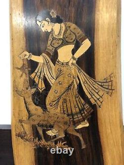 Indian Wood Carved Wall Panel Of A Woman In A Sari Playing With Her Pet