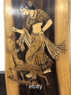 Indian Wood Carved Wall Panel Of A Woman In A Sari Playing With Her Pet