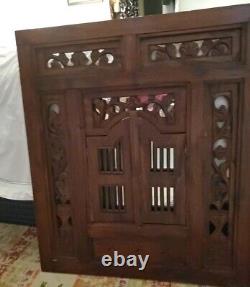 Indonesia Bali Carved Wood Wall Mirror Window Shutters Panels Boho 23 X 27 X 1