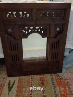 Indonesia Bali Carved Wood Wall Mirror Window Shutters Panels Boho 23 X 27 X 1