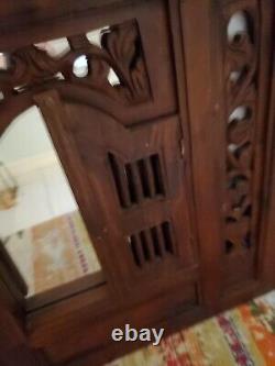 Indonesia Bali Carved Wood Wall Mirror Window Shutters Panels Boho 23 X 27 X 1