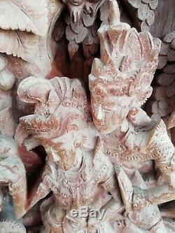 Intricate Hand Carved Wood Indonesian Wall Plaque Panel Balinese Dancers