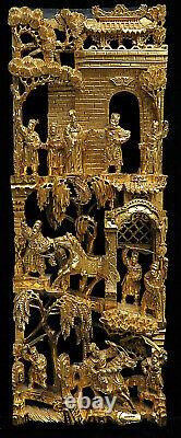 Intricate Vintage Chinese Warriors Gold Gilt Wood Carved Temple Wall Panel