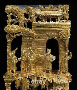 Intricate Vintage Chinese Warriors Gold Gilt Wood Carved Temple Wall Panel