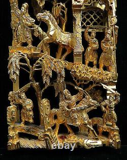 Intricate Vintage Chinese Warriors Gold Gilt Wood Carved Temple Wall Panel