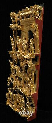 Intricate Vintage Chinese Warriors Gold Gilt Wood Carved Temple Wall Panel