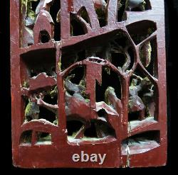 Intricate Vintage Chinese Warriors Gold Gilt Wood Carved Temple Wall Panel