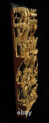 Intricate Vintage Chinese Warriors Gold Gilt Wood Carved Temple Wall Panel