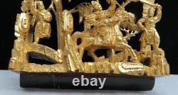 Intricate Vintage Chinese Warriors Gold Gilt Wood Carved Temple Wall Panel