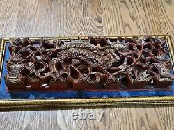 Intricately Carved Chinese Gold Gilt Lacquer Dragon & Flowers Panel Wall Plaque