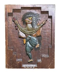 Japanese Oni Monk Demon Hand Carved Wood Marquetry Art Panel Signed RARE
