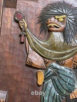 Japanese Oni Monk Demon Hand Carved Wood Marquetry Art Panel Signed RARE