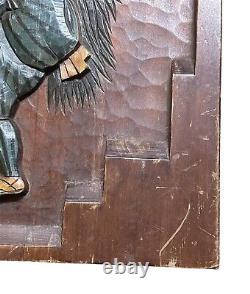 Japanese Oni Monk Demon Hand Carved Wood Marquetry Art Panel Signed RARE